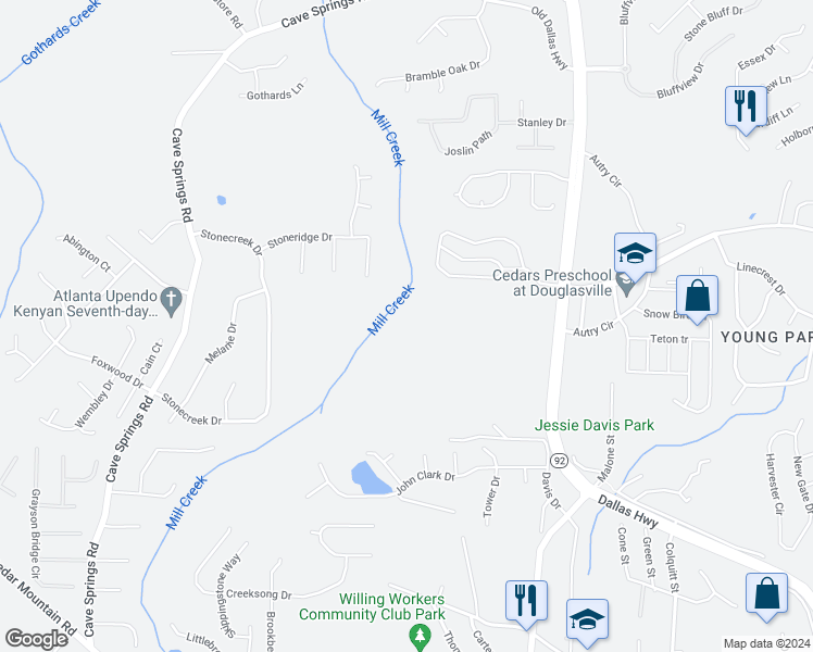map of restaurants, bars, coffee shops, grocery stores, and more near 7614 Stonebush Way in Douglasville