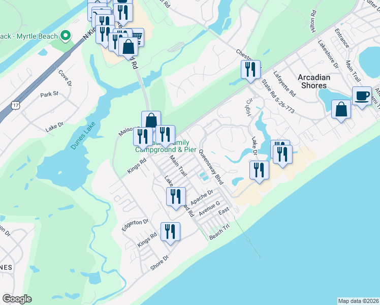 map of restaurants, bars, coffee shops, grocery stores, and more near 217 Apache Drive in Myrtle Beach