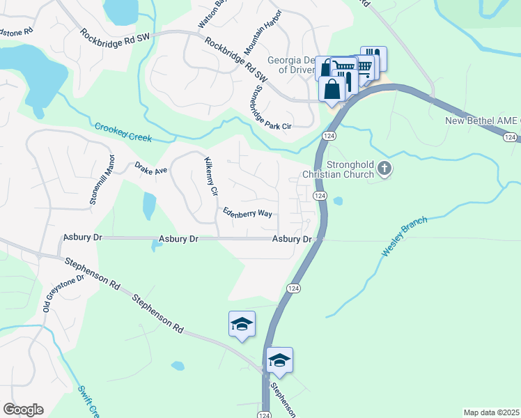 map of restaurants, bars, coffee shops, grocery stores, and more near 7590 Clear Creek Drive in Lithonia
