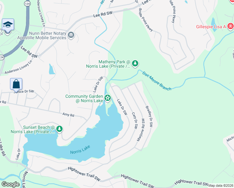 map of restaurants, bars, coffee shops, grocery stores, and more near 8841 Lake Drive Southwest in Snellville