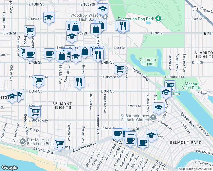 map of restaurants, bars, coffee shops, grocery stores, and more near 338 Prospect Avenue in Long Beach