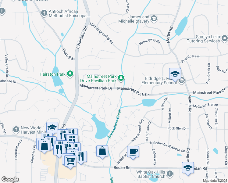 map of restaurants, bars, coffee shops, grocery stores, and more near 779 Heritage Oaks Drive in Stone Mountain