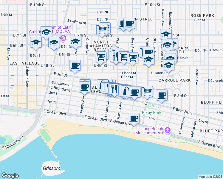 map of restaurants, bars, coffee shops, grocery stores, and more near 256 Falcon Avenue in Long Beach
