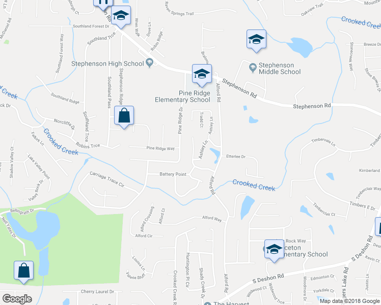 map of restaurants, bars, coffee shops, grocery stores, and more near 6521 Carriage Lane in Stone Mountain