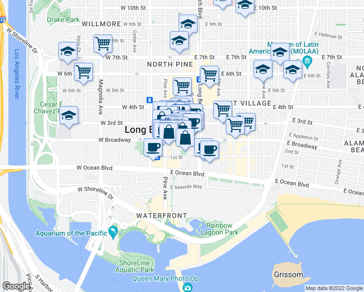 map of restaurants, bars, coffee shops, grocery stores, and more near in Long Beach