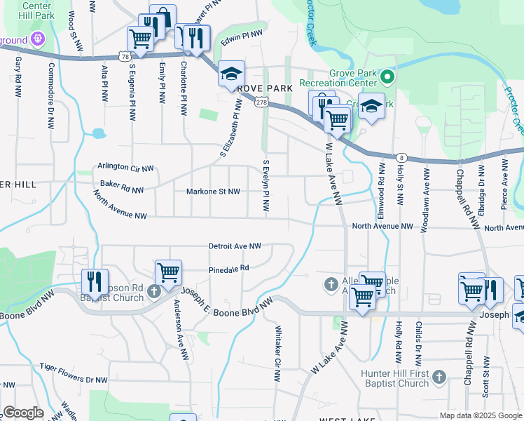 map of restaurants, bars, coffee shops, grocery stores, and more near 502 South Evelyn Place Northwest in Atlanta