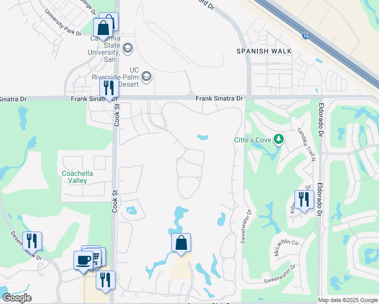 map of restaurants, bars, coffee shops, grocery stores, and more near 312 Vista Royale Drive in Palm Desert