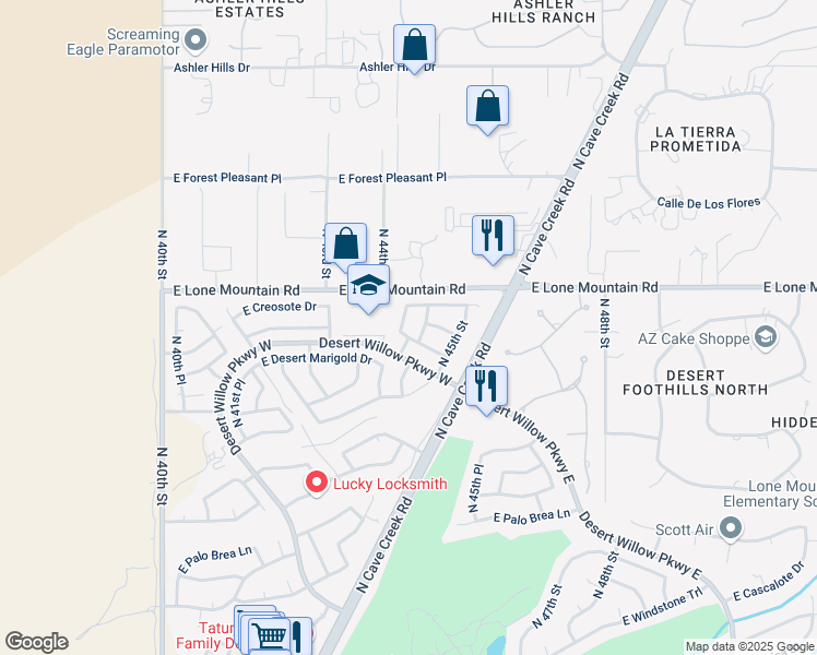 map of restaurants, bars, coffee shops, grocery stores, and more near 31212 North 44th Way in Cave Creek