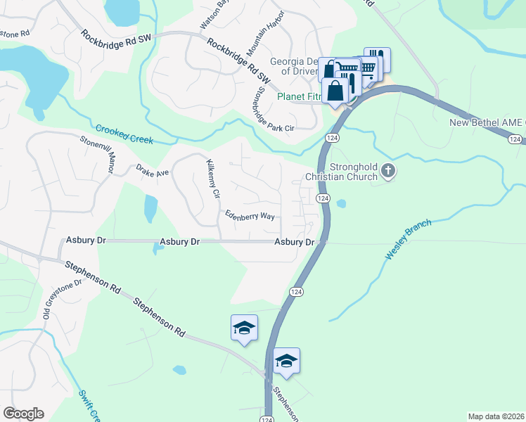 map of restaurants, bars, coffee shops, grocery stores, and more near 7590 Clear Creek Drive in Lithonia