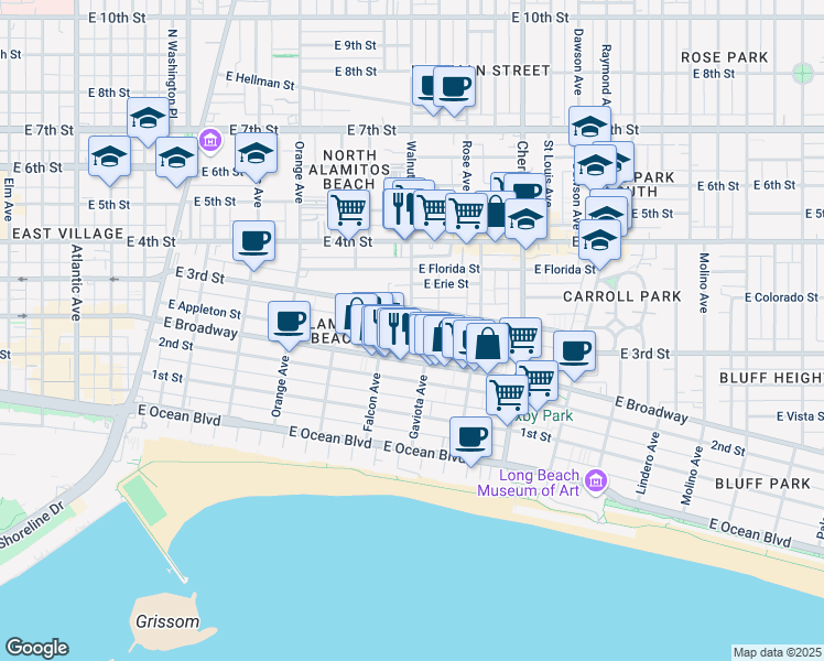 map of restaurants, bars, coffee shops, grocery stores, and more near 1575 East Appleton Street in Long Beach
