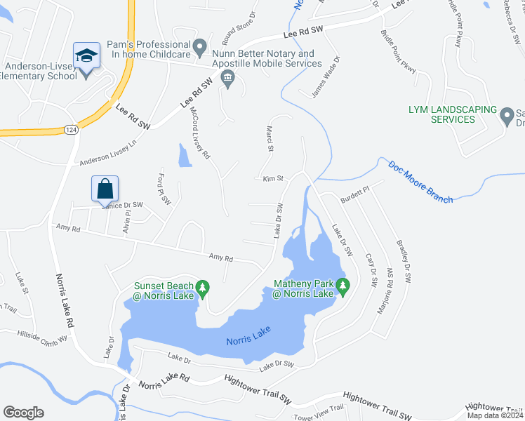 map of restaurants, bars, coffee shops, grocery stores, and more near 4412 Lucy Lane Southwest in Snellville