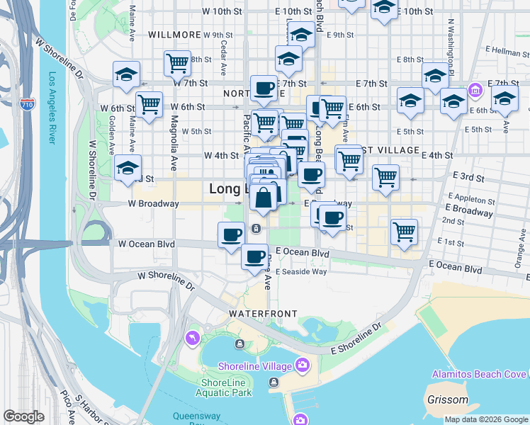 map of restaurants, bars, coffee shops, grocery stores, and more near 135 Pine Avenue in Long Beach