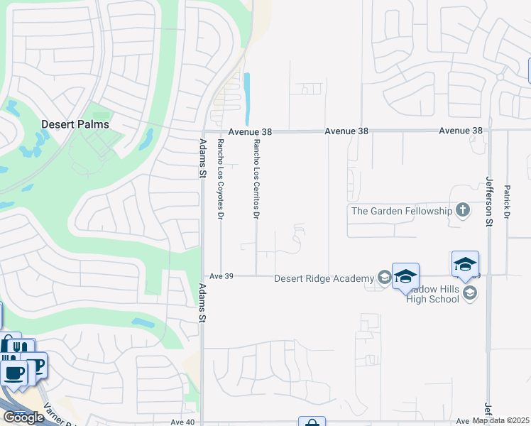 map of restaurants, bars, coffee shops, grocery stores, and more near 38580 Rancho Los Cerritos Drive in Indio