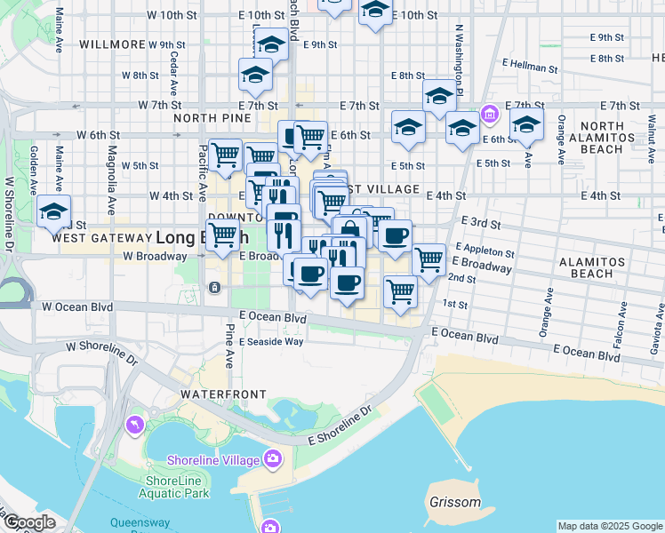map of restaurants, bars, coffee shops, grocery stores, and more near 138 Elm Avenue in Long Beach
