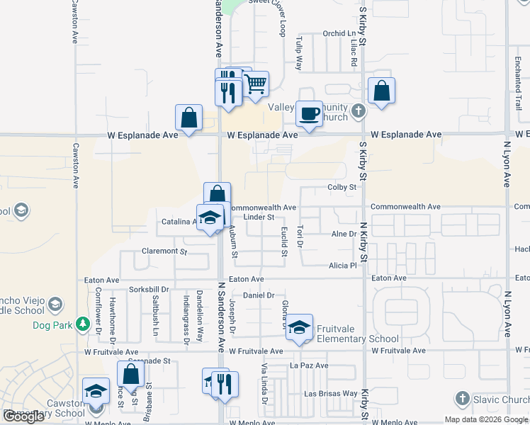 map of restaurants, bars, coffee shops, grocery stores, and more near 3060 Linder Street in Hemet