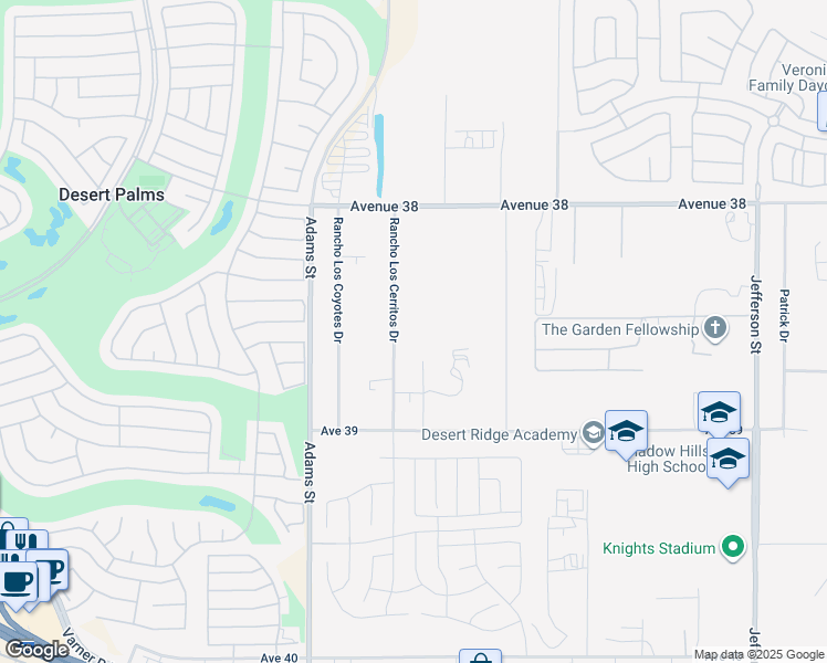 map of restaurants, bars, coffee shops, grocery stores, and more near 38580 Rancho Los Cerritos Drive in Indio