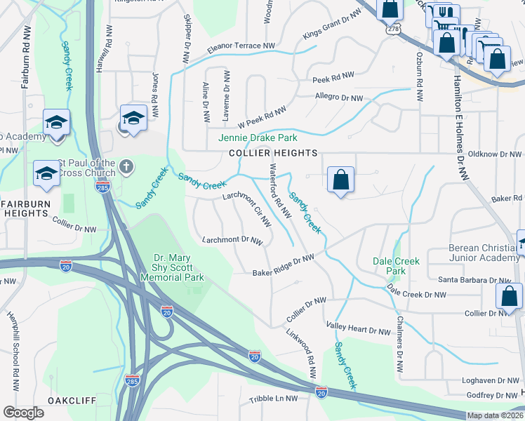 map of restaurants, bars, coffee shops, grocery stores, and more near 515 Larchmont Circle Northwest in Atlanta