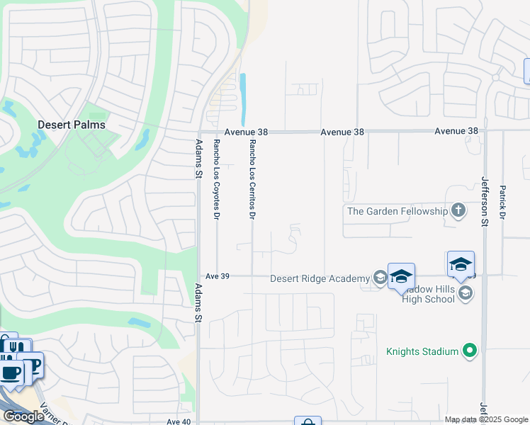map of restaurants, bars, coffee shops, grocery stores, and more near 38580 Rancho Los Cerritos Drive in Indio