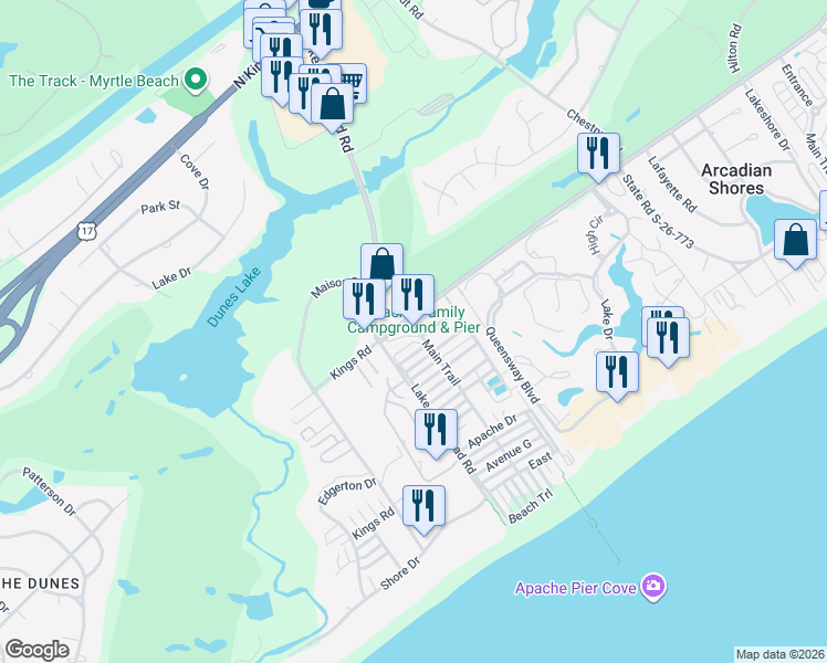 map of restaurants, bars, coffee shops, grocery stores, and more near 3 Apache Tr in Myrtle Beach