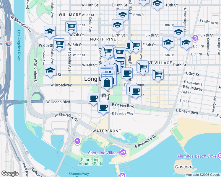map of restaurants, bars, coffee shops, grocery stores, and more near 203 Pine Avenue in Long Beach