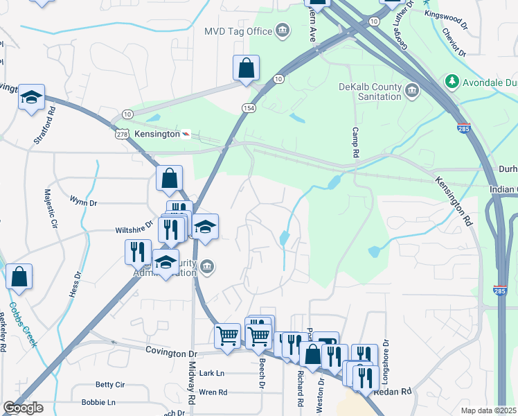map of restaurants, bars, coffee shops, grocery stores, and more near 3465 Kensington Road in Decatur