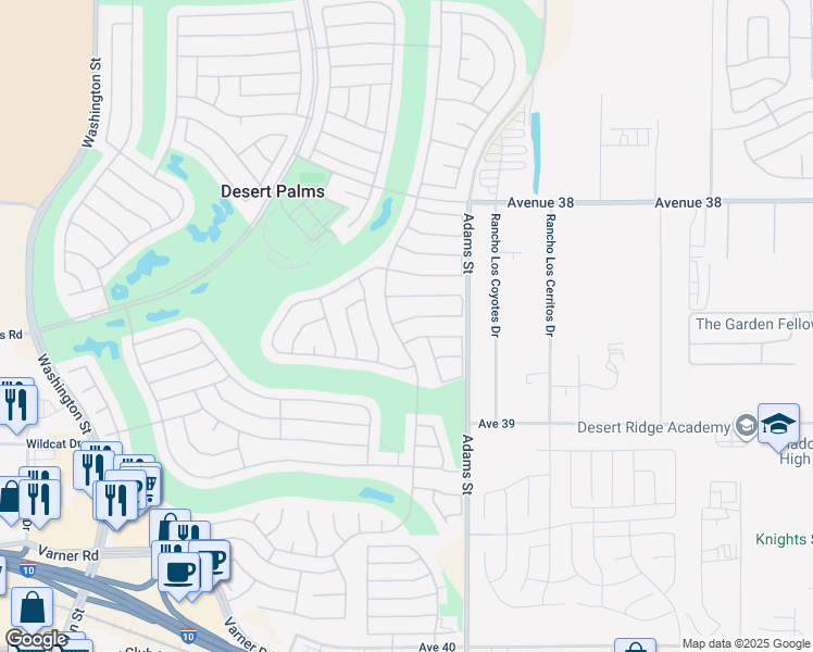 map of restaurants, bars, coffee shops, grocery stores, and more near 78843 Waterford Lane in Palm Desert