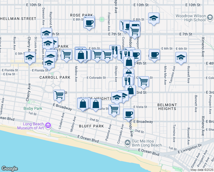 map of restaurants, bars, coffee shops, grocery stores, and more near 317 North Winnipeg Place in Long Beach