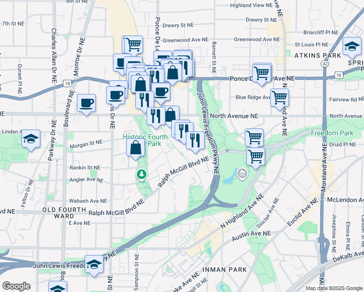 map of restaurants, bars, coffee shops, grocery stores, and more near 820 Ralph McGill Boulevard Northeast in Atlanta