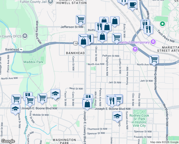 map of restaurants, bars, coffee shops, grocery stores, and more near 537 Joseph E. Lowery Boulevard Northwest in Atlanta