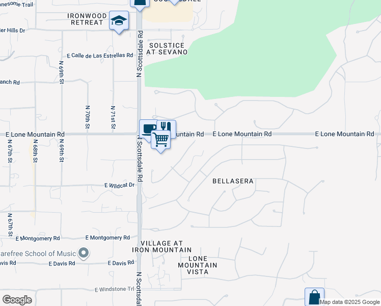 map of restaurants, bars, coffee shops, grocery stores, and more near 7419 East Brisa Drive in Scottsdale
