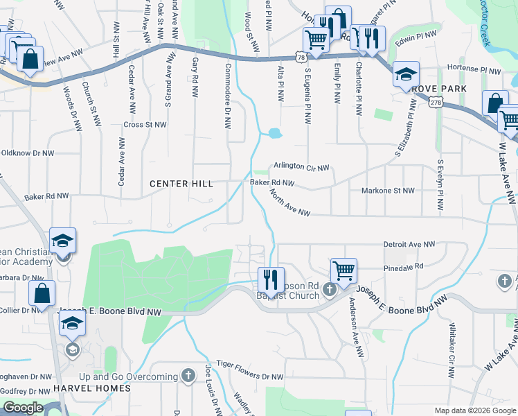 map of restaurants, bars, coffee shops, grocery stores, and more near 525 Baker Circle Northwest in Atlanta