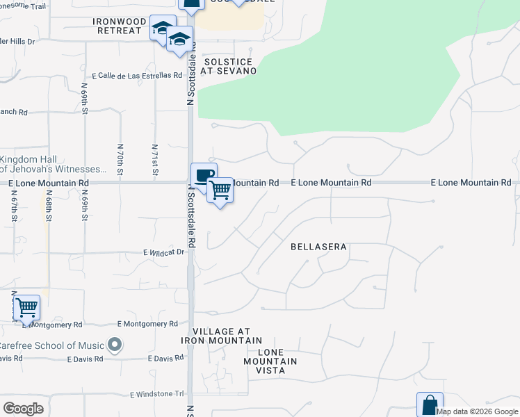 map of restaurants, bars, coffee shops, grocery stores, and more near 7419 East Brisa Drive in Scottsdale