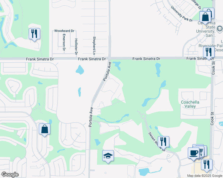map of restaurants, bars, coffee shops, grocery stores, and more near 2202 Retreat Circle in Palm Desert