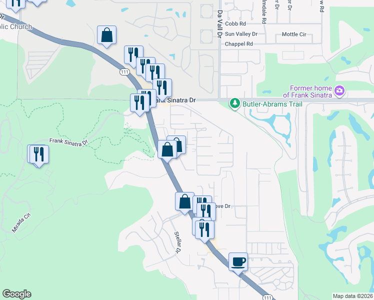 map of restaurants, bars, coffee shops, grocery stores, and more near 69850 California 111 in Rancho Mirage