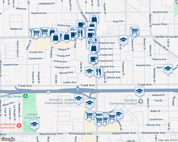 map of restaurants, bars, coffee shops, grocery stores, and more near 13291 Fletcher Street in Garden Grove