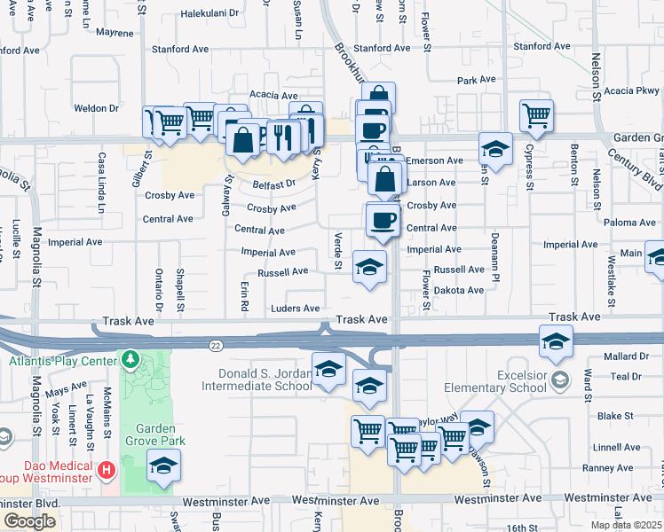 map of restaurants, bars, coffee shops, grocery stores, and more near 13302 Kerry Street in Garden Grove