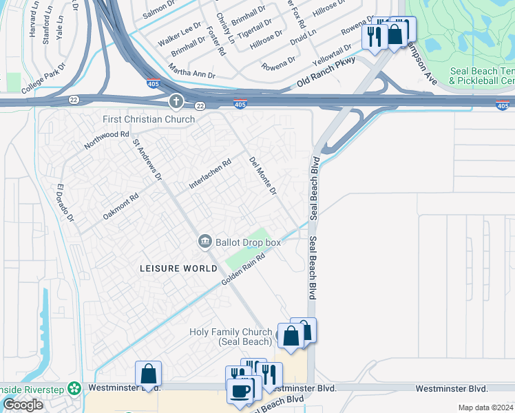 map of restaurants, bars, coffee shops, grocery stores, and more near 1781 Sunningdale Road in Seal Beach