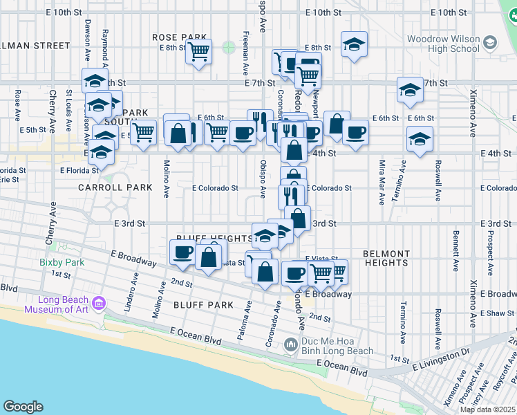 map of restaurants, bars, coffee shops, grocery stores, and more near 8 Eucalyptus Lane in Long Beach