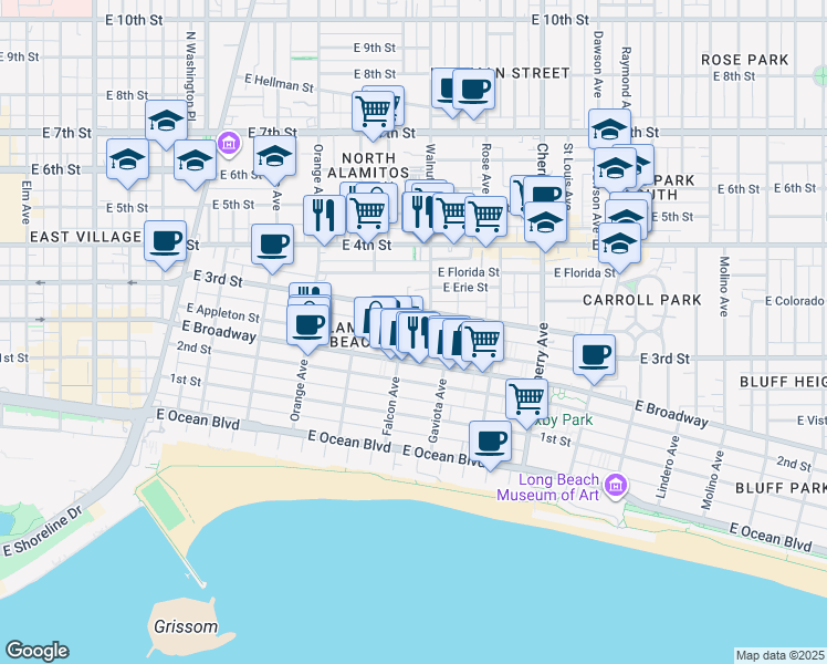 map of restaurants, bars, coffee shops, grocery stores, and more near 1500 East 3rd Street in Long Beach