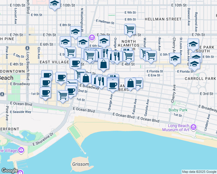 map of restaurants, bars, coffee shops, grocery stores, and more near 1135 East Appleton Street in Long Beach