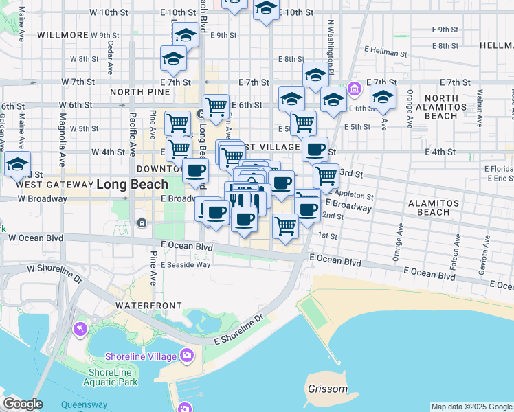 map of restaurants, bars, coffee shops, grocery stores, and more near 449 Linden Avenue in Long Beach