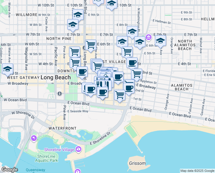 map of restaurants, bars, coffee shops, grocery stores, and more near 449 Linden Avenue in Long Beach