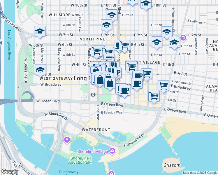 map of restaurants, bars, coffee shops, grocery stores, and more near in Long Beach