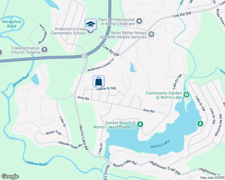 map of restaurants, bars, coffee shops, grocery stores, and more near 4437 Janice Drive Southwest in Snellville