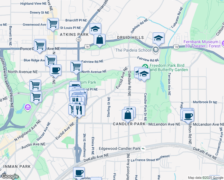 map of restaurants, bars, coffee shops, grocery stores, and more near 1343 Euclid Avenue Northeast in Atlanta