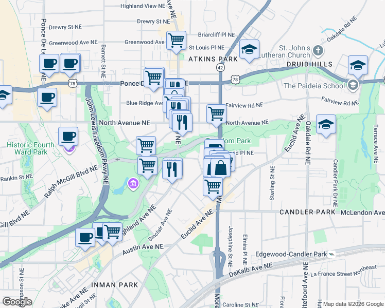 map of restaurants, bars, coffee shops, grocery stores, and more near 550 Seminole Avenue Northeast in Atlanta
