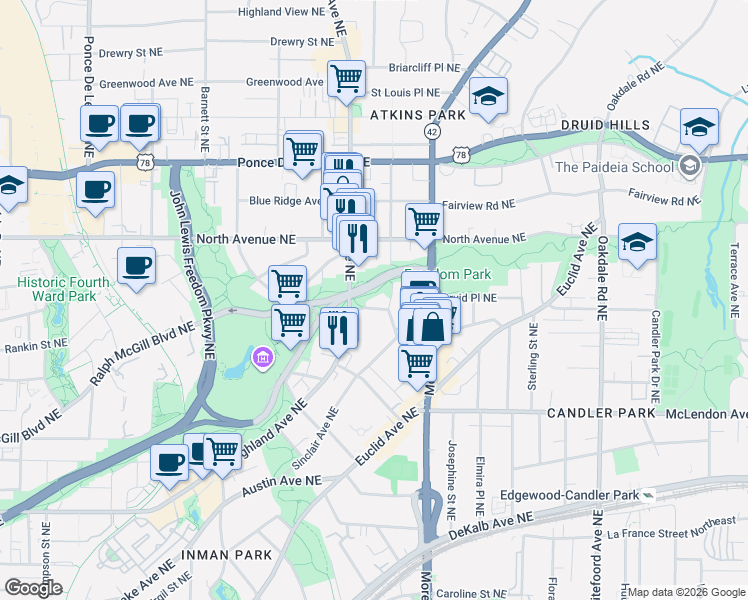 map of restaurants, bars, coffee shops, grocery stores, and more near 550 Seminole Avenue Northeast in Atlanta