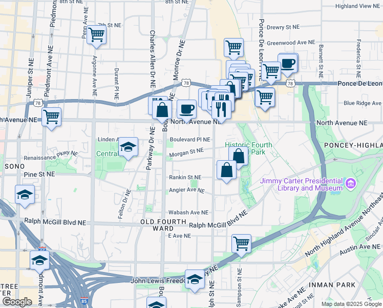 map of restaurants, bars, coffee shops, grocery stores, and more near 560 Morgan Street Northeast in Atlanta