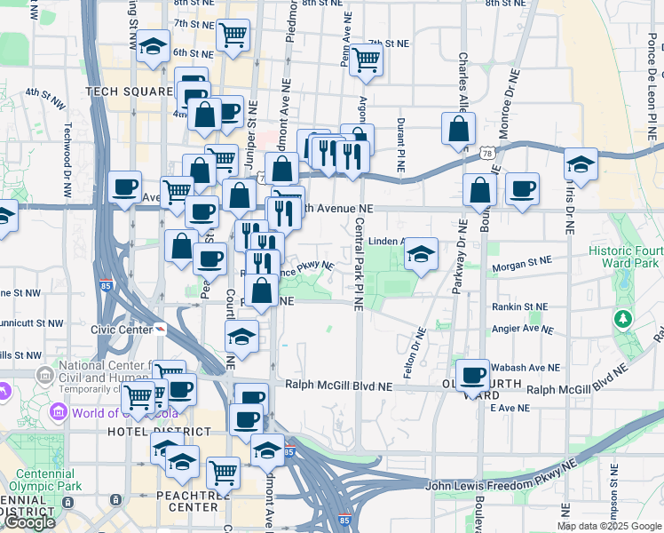 map of restaurants, bars, coffee shops, grocery stores, and more near 220 Renaissance Parkway Northeast in Atlanta