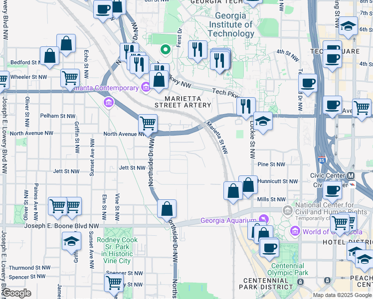 map of restaurants, bars, coffee shops, grocery stores, and more near 387 Technology Cir NW in Atlanta